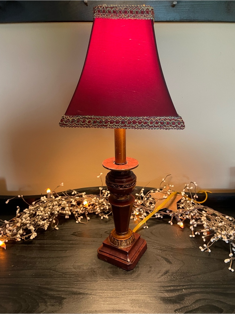 Decorative Red Table Lamp with Ornate Wooden Base & Silk Shade - 19” Tall